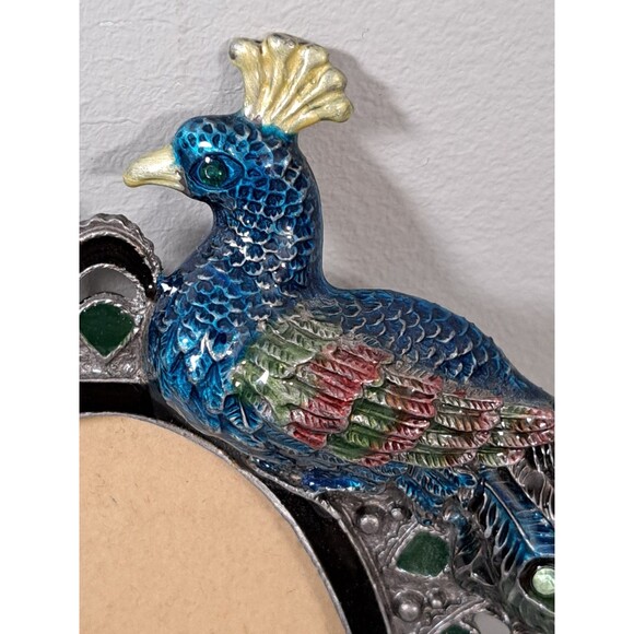 Pier 1 Imports Peacock Picture Frame Jeweled Enamel Rhinestones 2.5x3.5" Opening - Picture 5 of 8